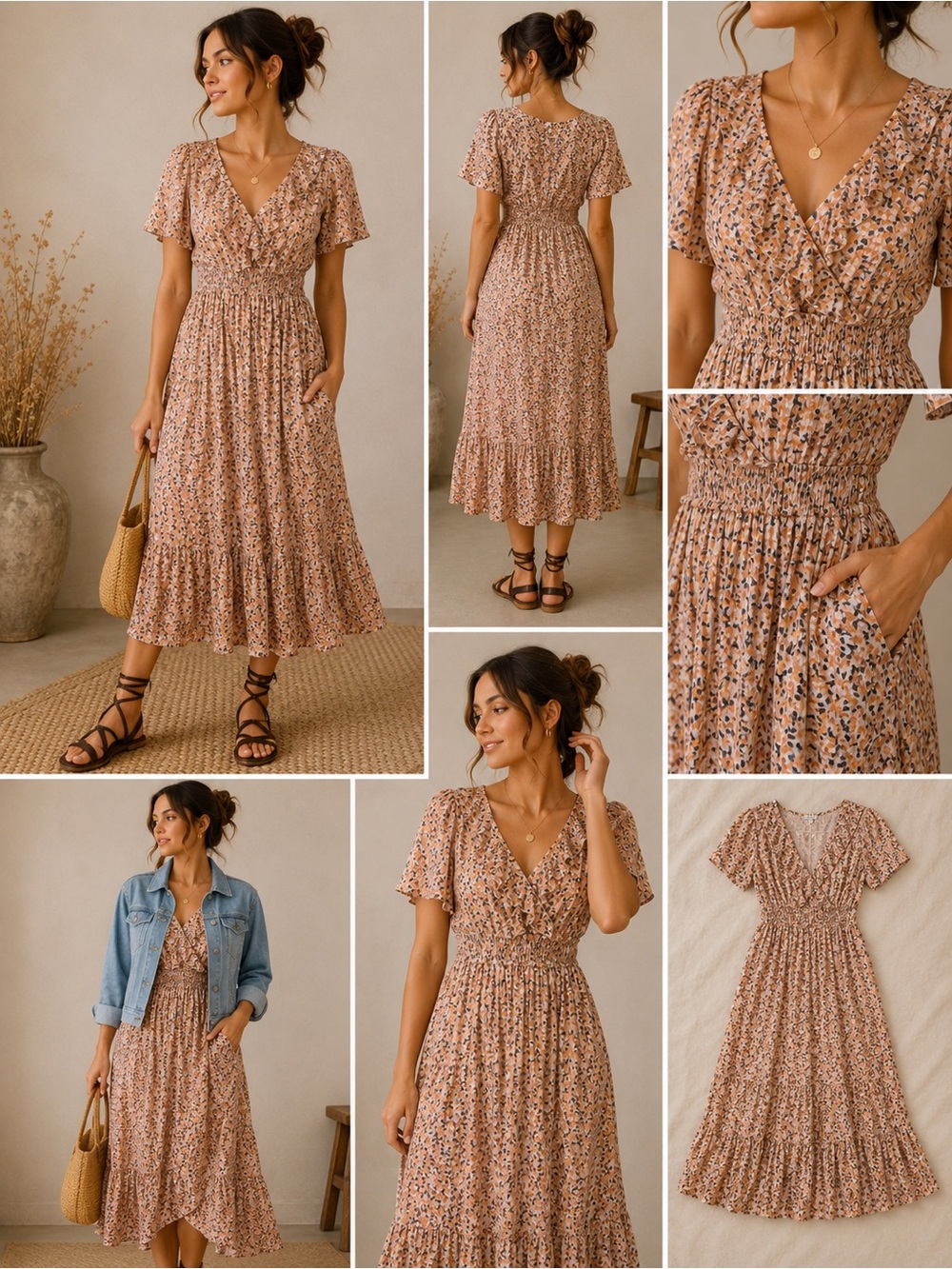West of Melrose Floral Midi Dress S Peach Boho Cottagecore Fairycore Soft